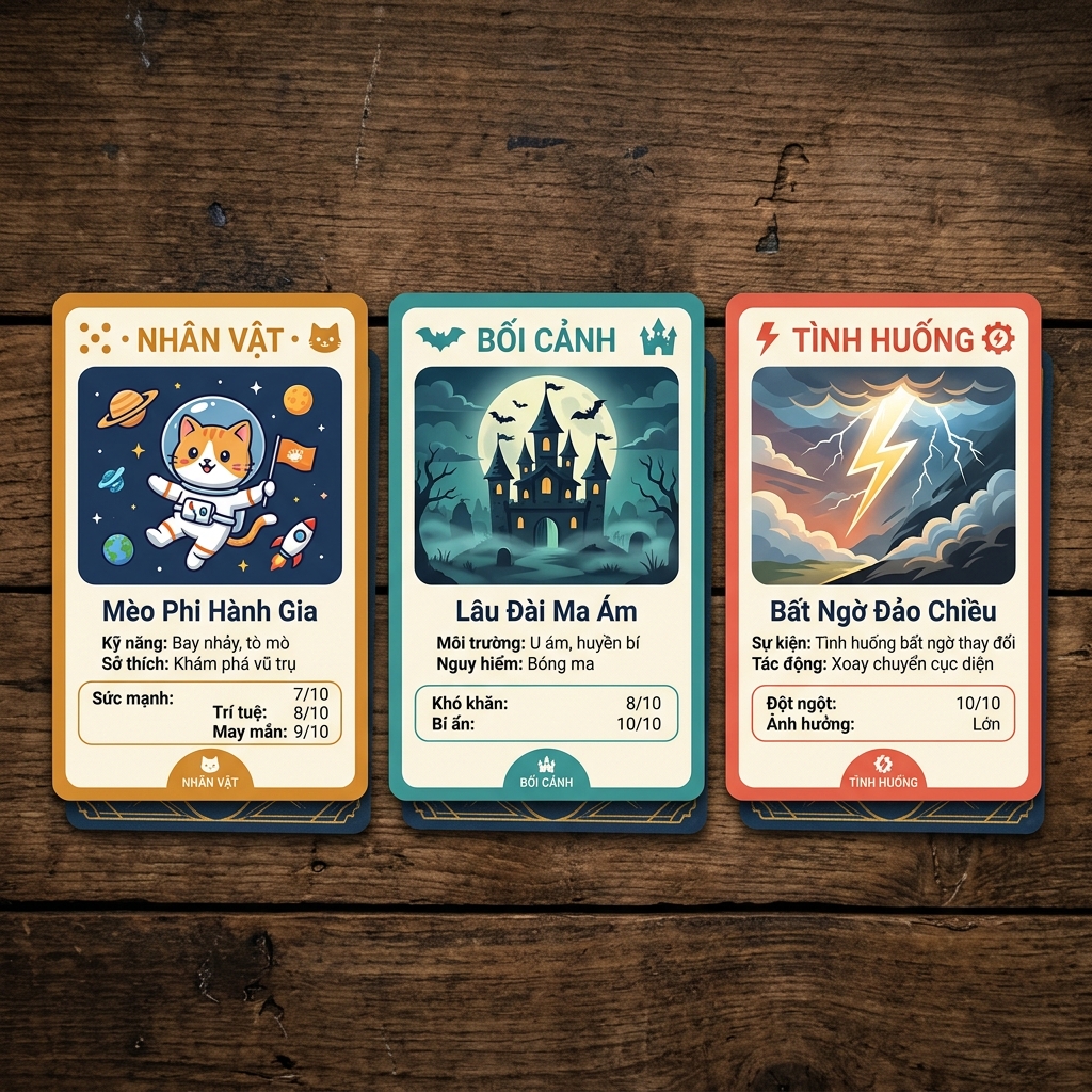 Ba loại bài: Character, Setting, Twist — mỗi loại có thiết kế đặc trưng