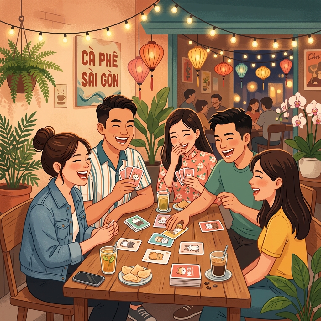 Nhóm bạn cùng chơi Meow Fiction quanh bàn, mọi người cười đùa vui vẻ