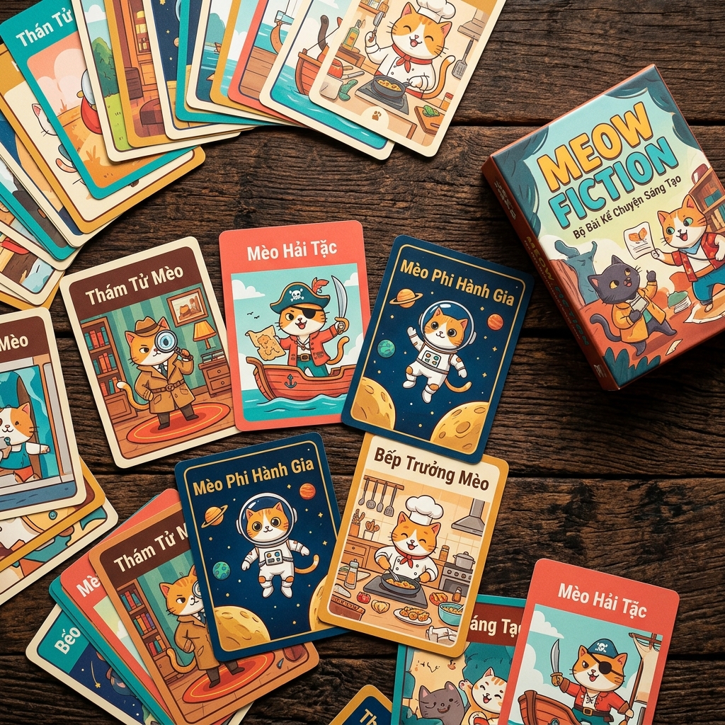 Bộ bài Meow Fiction với nhiều lá bài minh họa mèo trong các tình huống thú vị
